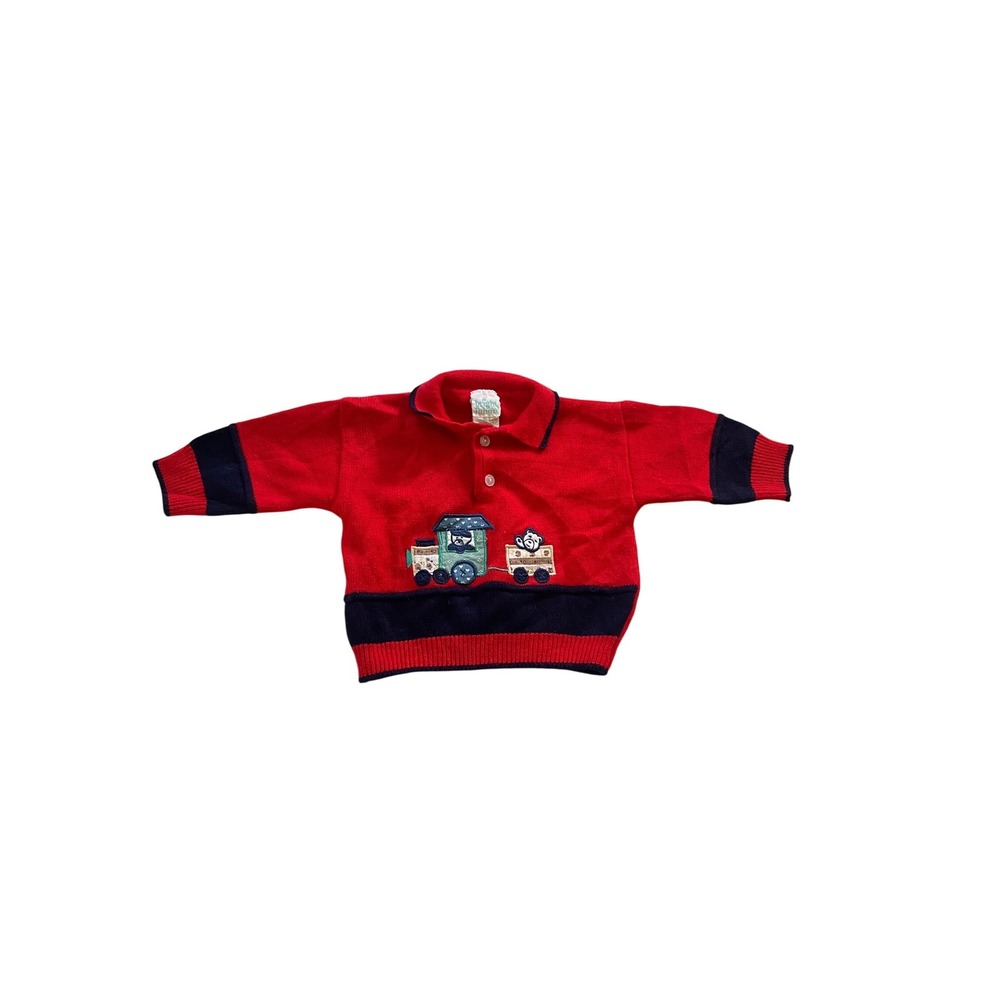 Vintage Baby‎ Boy Red Knit Train Sweater Polo Collar 0-3 Months